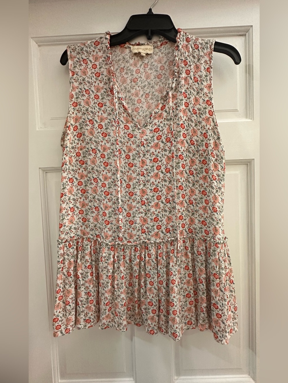 Cynthia Rowley Floral Peplum Sleeveless Top - White with Coral Flowers